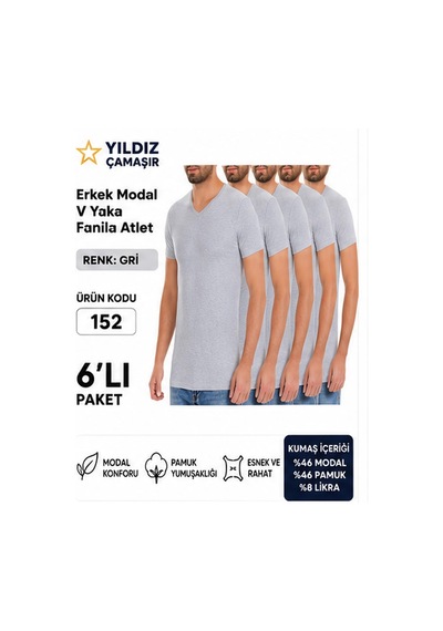 Yıldız Çamaşır Erkek V Yaka Kısa Kol Modal Likralı Fanila Atlet 150-151-152-153 - 6 Adet Gri