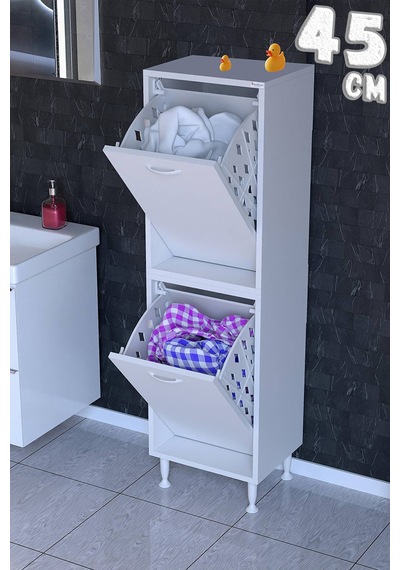 Deniz 2 Katlı Kirli Sepeti, Çok Amaçlı Banyo Dolabı - 45 X 138 X 32,5 Cm 45 Cm