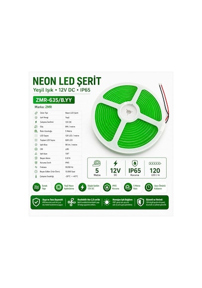 Zmr Zmr-635/b.yy Neon Led Şerit Yeşil 12 Volt 120 Led'li 5 Metre