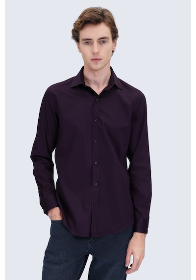 Hatemoğlu Kırmızı Slim Fit Açık İtalyan Yaka 100% Pamuk Uzun Kollu Spor Gömlek