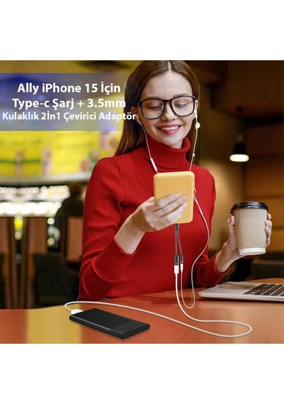 Ally iPhone Uyumlu 15 İçin Type-c Şarj + 3.5mm Kulaklık 2in1 Çevirici Adaptör- 5775 Renkli