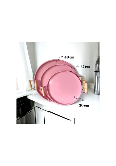 Eceaksesuar Tepsi Seti Ahşap Kulplu Metal Çay Tepsisi Kahve Tepsisi Sunum Kahvaltı 3'lü Tepsi Seti Pembe 40 X 30 Çok Renkli