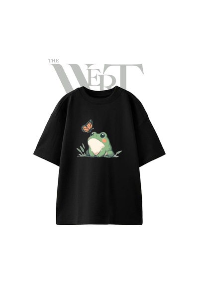 Thewert Frog Butterfly Tasarım Baskılı Ünisex Siyah Oversize T-shirt