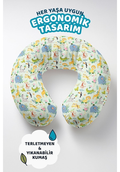 Sevimli Safari Hayvanları Pamuklu Boyun Yastığı - Renkli Çizimli Açık Yeşil Seyahat Yastığı Adaçayı Gül Kurusu
