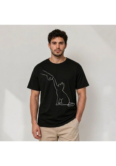 Veraura Lifestyle Erkek Minimal Kedi Çizim Baskılı Tişört Kısa Kol Yazlık T-shirt - Siyah
