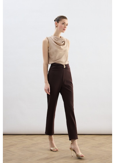 Sateen Bel Aksesuarlı Pantolon - Kahve-136829 Kahve