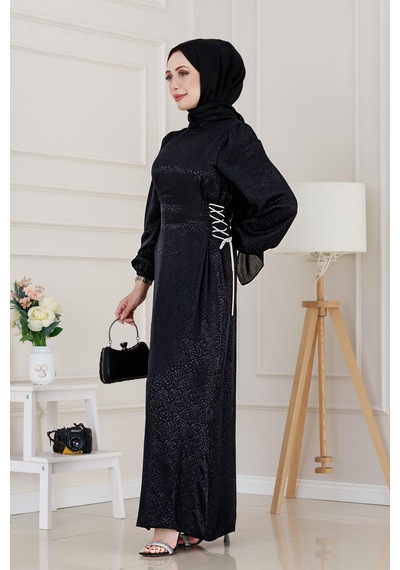 Buse Yanı Bağcıklı Saten Abiye-siyah-4996