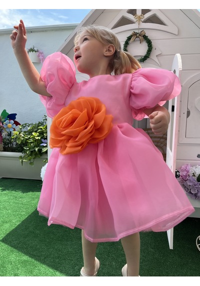 Rose- Pembe Şifon Kısa Kollu Kız Çocuk Elbisesi Pembe