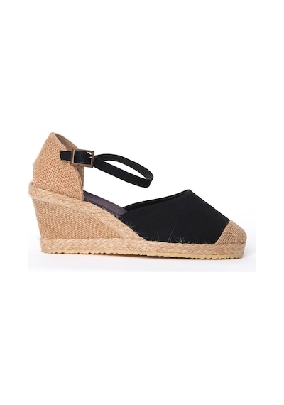 Star Tombis Gerçek Elişi Siyah Bilekten Bantlı Topuğu Açık Keten Espadril Dolgu Topuk Handmade Siyah