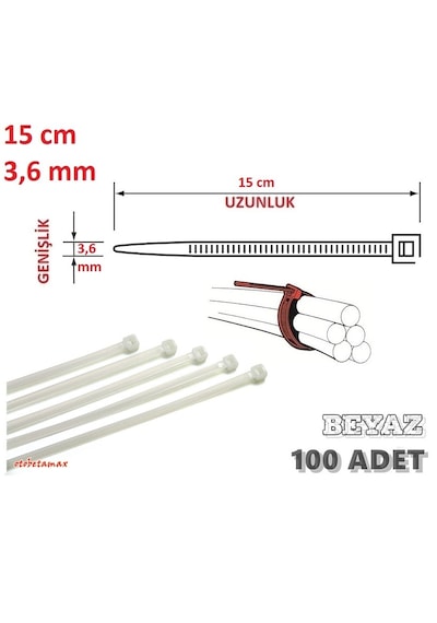 Pemsan 100 Adet 15cm X 3.6mm Plastik Kelepçe Kablo Bağı Beyaz 15cm