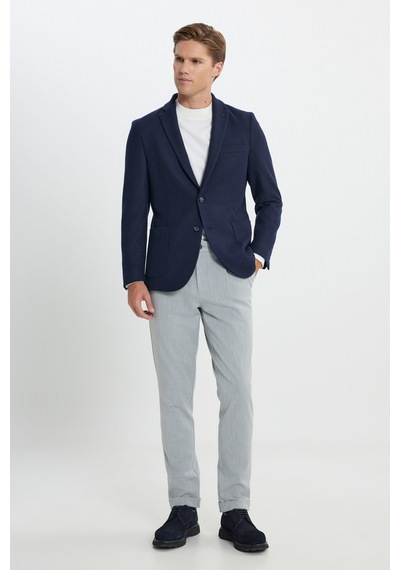 Ac&Co / Altınyıldız Classics Erkek Lacı Yünlü Slim Fit Dar Kesim Mono Yaka Armürlü Torba Cepli Ceket Lacı Lacivert