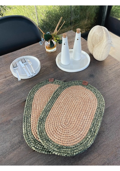 Bohem Tarz 2 Li Doğal İp Amerikan Servis Hasır Görünümlü, Leke Tutmaz, Naturel-yeşil 40x28 Cm Naturel/ Yeşil