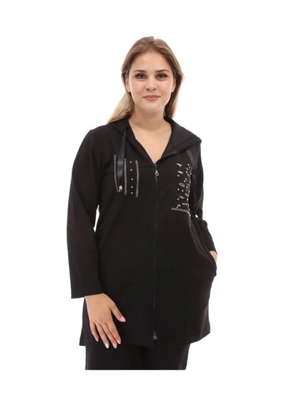 Mia Butik Büyük Beden Siyah Kapşonlu Pul Payetli Eşofman Takımı Siyah
