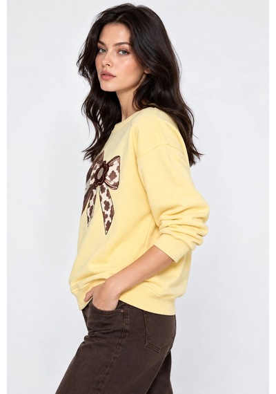Mevese Kadın Taş İşlemeli Fiyonk Baskı Oversize Üç İplik Rahat Kesim Sweatshirt -sarı