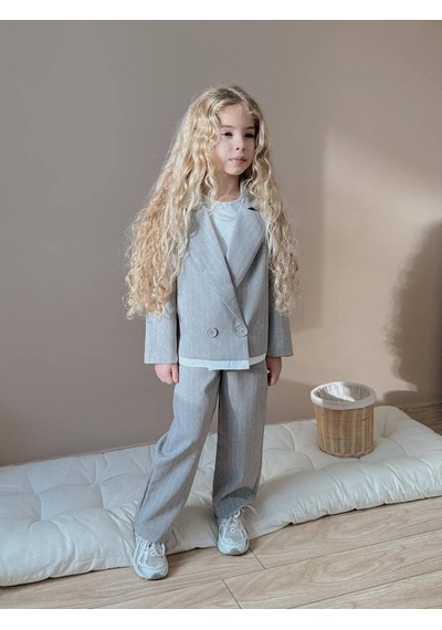 Miniko Kids Kız Çocuk Poliviskon Çizgili Blazer Ceket Pantolon Dokuma Kumaş Takım Gri