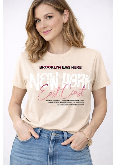 Herkesemoda East Coast Baskı Detaylı Kadın Bisiklet Yaka Pamuklu T-shirt Bej