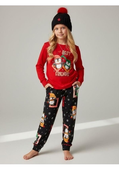 Kız Çocuk Pamuklu Best Friends Penguen Baskılı Pijama Takımı-16822 Kırmızı