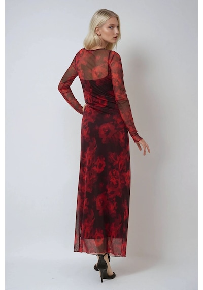 Hiccup Çiçek Desenli Bodycon Maxi Tül Elbise Kırmızı