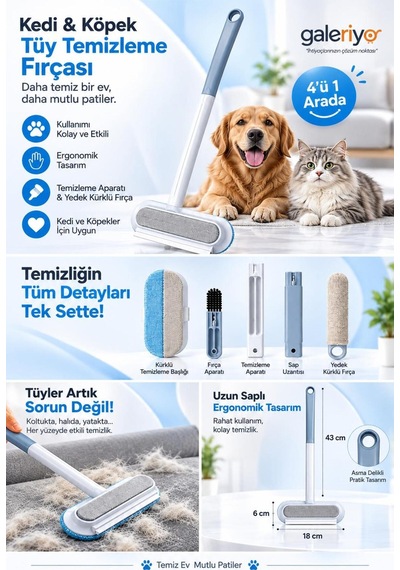 Çok Fonksiyonlu Evcil Hayvan Koltuk Halı Tüy Alma Fırçası 4 Parça