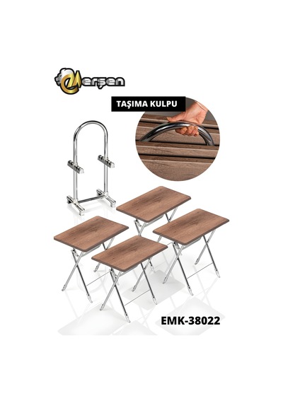 Eranş Serisi 4'lü Katlanır Mdf Mebran Koyu Ahşap Desen Çanta Zigon Sehpa Krom Ayak Koyu Ahşap Desen Krom Ayak