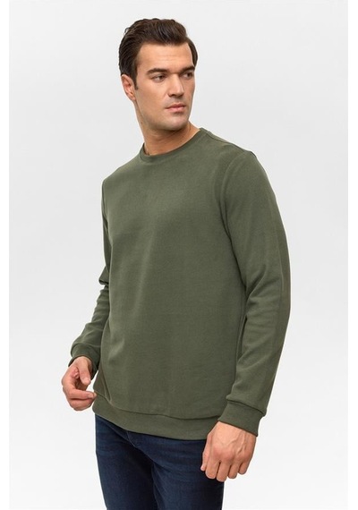 Süvari Haki Regular Düz Bisiklet Yaka Sweatshirt Haki