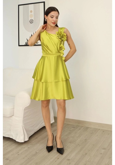 Lodmela Çiçek Detaylı Saten Elbise 2371-olive Olive