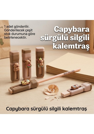 Mikro Capybara Tasarımlı Sürgülü Silgili Kalemtıraş - Çift Fonksiyonlu Eğlenceli Kapibara Kalemtıraş Ve Silgi 1 Adet - 9073757681908