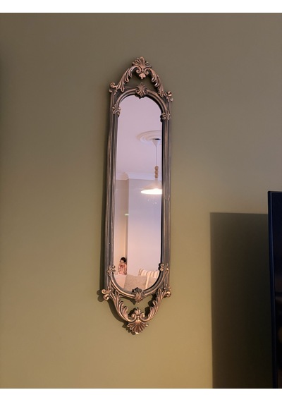 Uzun Oval Dekoratif Duvar Aynası Haki Yeşil & Eskitme Altın Varaklı 80x20 Cm Naturel