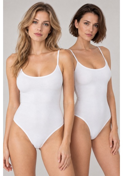 Loule Kadın 2'li %95 Pamuklu İnce Askılı Alttan Kancalı Body Beyaz
