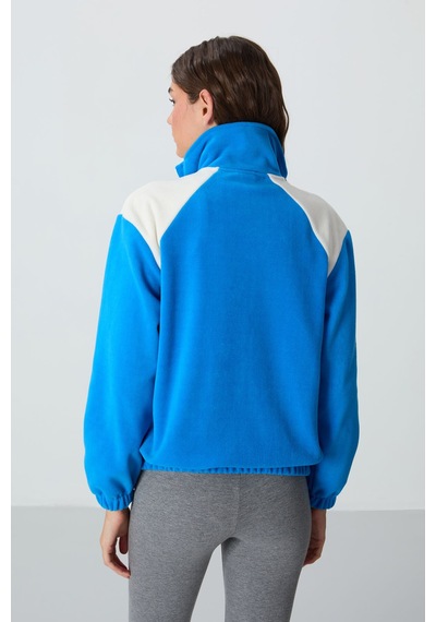 Tommy Life Saks Kalın Yumuşak Dokulu Dik Yaka Oversize Nakışlı Polar Kadın Sweatshirt - 97293 Saks