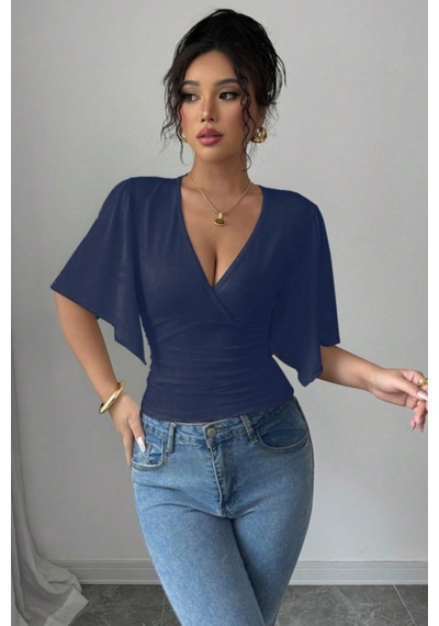 Kadın Kruvaze Yaka Yarasa Kol Likralı Şık T-shirt Lacivert