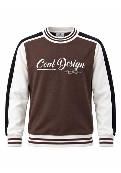 Coal City Erkek Detaylı Renk Bloklu Sıfır Yaka Sweatshirt Kahverengi - Beyaz