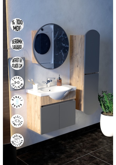 Makbulce Erciyes Havlu Dolaplı 65cm Seramik Lavabolu Mdf Oval Aynalı Banyo Dolabı Atlantik Çam Antrasit Gri Makbulce Erciyes Havlu Dolaplı 65cm Seramik Lavabolu Mdf Oval Aynalı Banyo Dolabı Atlantik Çam Antrasit Gri
