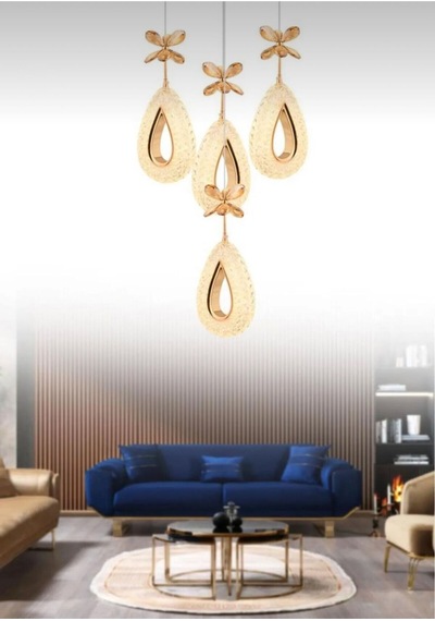 LumiaLighting Damla Model 4'lü Gold Kumandalı 3 Renk Modu Ledli Kristal Taşlı Modern Salon Mutfak Oturma Odası Led Avize Altın