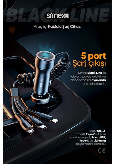Black Line 60w Araç İçi Şarj Aleti, 5 Port, Spiral Kablolu, Type-c Micro Usb Lightning Uyumlu Siyah