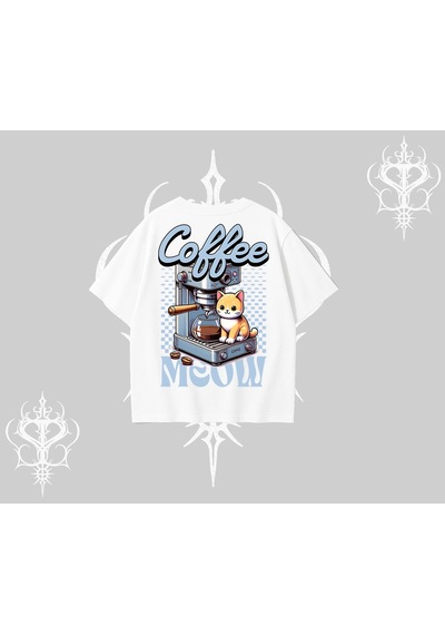 Startmore Startmore Coffee Meow Kahve Temalı Kedi Arka Baskılı Oversize Tshirt Beyaz