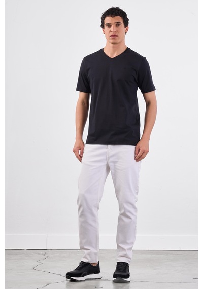 Dufy Siyah V Yaka Pamuklu Düz Renk Slim Fit Erkek T-shirt Siyah