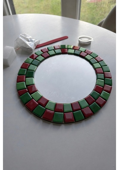 28x28cm Yuvarlak Pleksi Aynalı Yetişkin Mozaik Set Başlangıç Seviye Kırmızı-yeşil