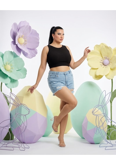 Zanessi Fashıon Büyük Beden Lastikli Yüksek Bel Yırtık Eskitme Cepli Kısa Denim Kadın Şort Mavi Zanessi Fashıon Büyük Beden Lastikli Yüksek Bel Yırtık Eskitme Cepli Kısa Denim Kadın Şort Mavi