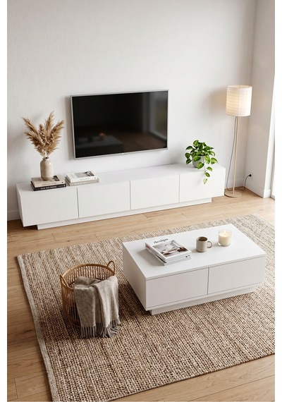 Yurudesign Yoda 200cm Tv Ünitesi Orta Sehpa 2'li Set Beyaz Yd26-w
