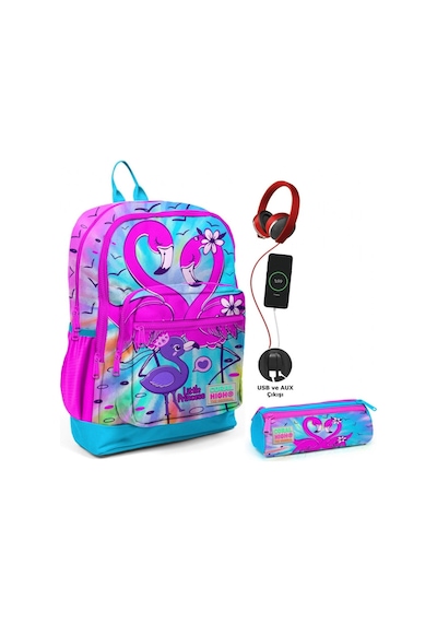 Coral High Mavi Pembe Flamingo Usb Soketli Okul Çantası Ve Kalemlik Seti - Kız Çocuk