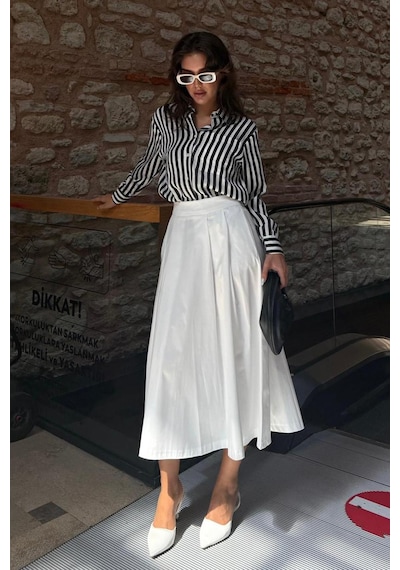 Madmext Beyaz Pileli Cepli Kadın Midi Boy Etek Mg2536 Beyaz