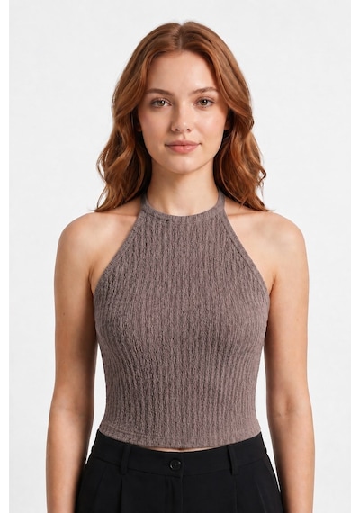 Cottonhıll Premium - Tide Collection Vizon Halter Yaka Boyundan Bağlamalı Bürümcük Dokulu Kadın Crop Bluz VİZON Cottonhıll Premium - Tide Collection Vizon Halter Yaka Boyundan Bağlamalı Bürümcük Dokulu Kadın Crop Bluz VİZON