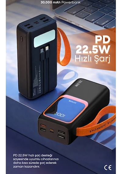 Simex 30.000 Mah Powerbank 30000 Mah Ekranlı 22.5w Pd Hızlı Şarj Fenerli Kablolu Type C Lighting Renkli
