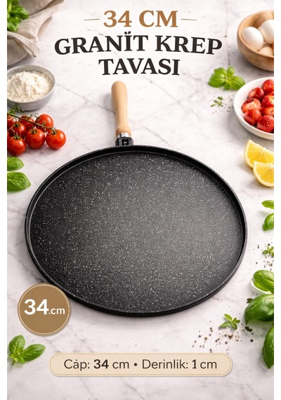 34 Cm Granit Krep Tavası Çift Taraflı Bazlama Tava Granit Tava Yumurta Tavası Çok Amaçlı Tava Siyah