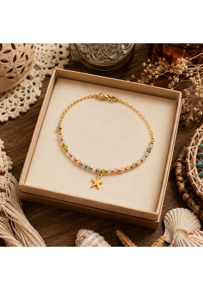 Pastel Star Charm Anklet Pastel Deniz Yıldızı Çelik Halhal Çok Renkli