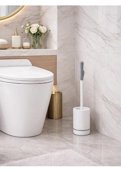 Minimal Silindir Tuvalet Fırçası Ve Standı Modern, Kapalı Hazneli Wc Fırçası Vıchy-7042 Gümüş