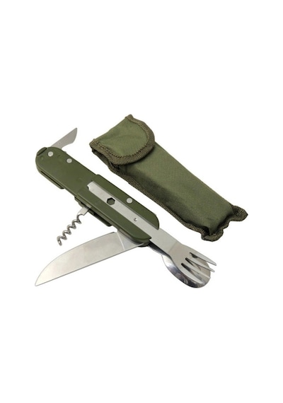 Knivox Çok Fonksiyonlu Paslanmaz Çelik Kamp Çakısı - Çatal Kaşık Açacaklı Outdoor Set Haki
