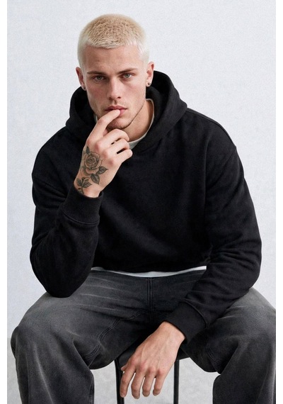 Barrels And Oıl Erkek Kapüşonlu Kanguru Cepli Sweatshirt - Siyah Siyah