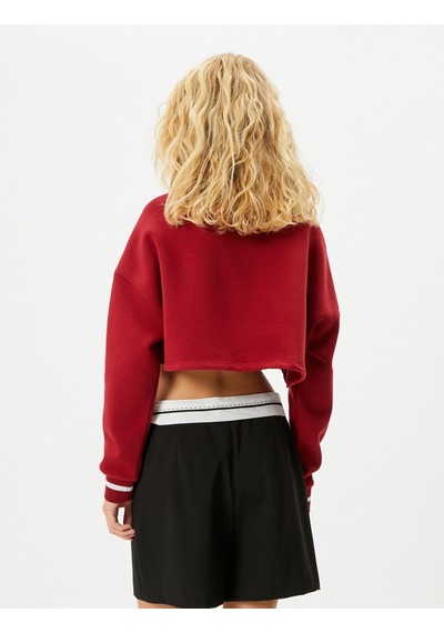 Koton Baskılı Crop Sweatshirt Uzun Kollu Bisiklet Yaka Pamuklu Bordo 4wal10627ık Bordo